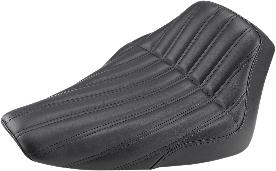 Black SADDLEMEN Knuckle Solo Seat with ribbed design for FLS motorcycles, featuring a sleek, contoured seat by Bill's Exhausts.