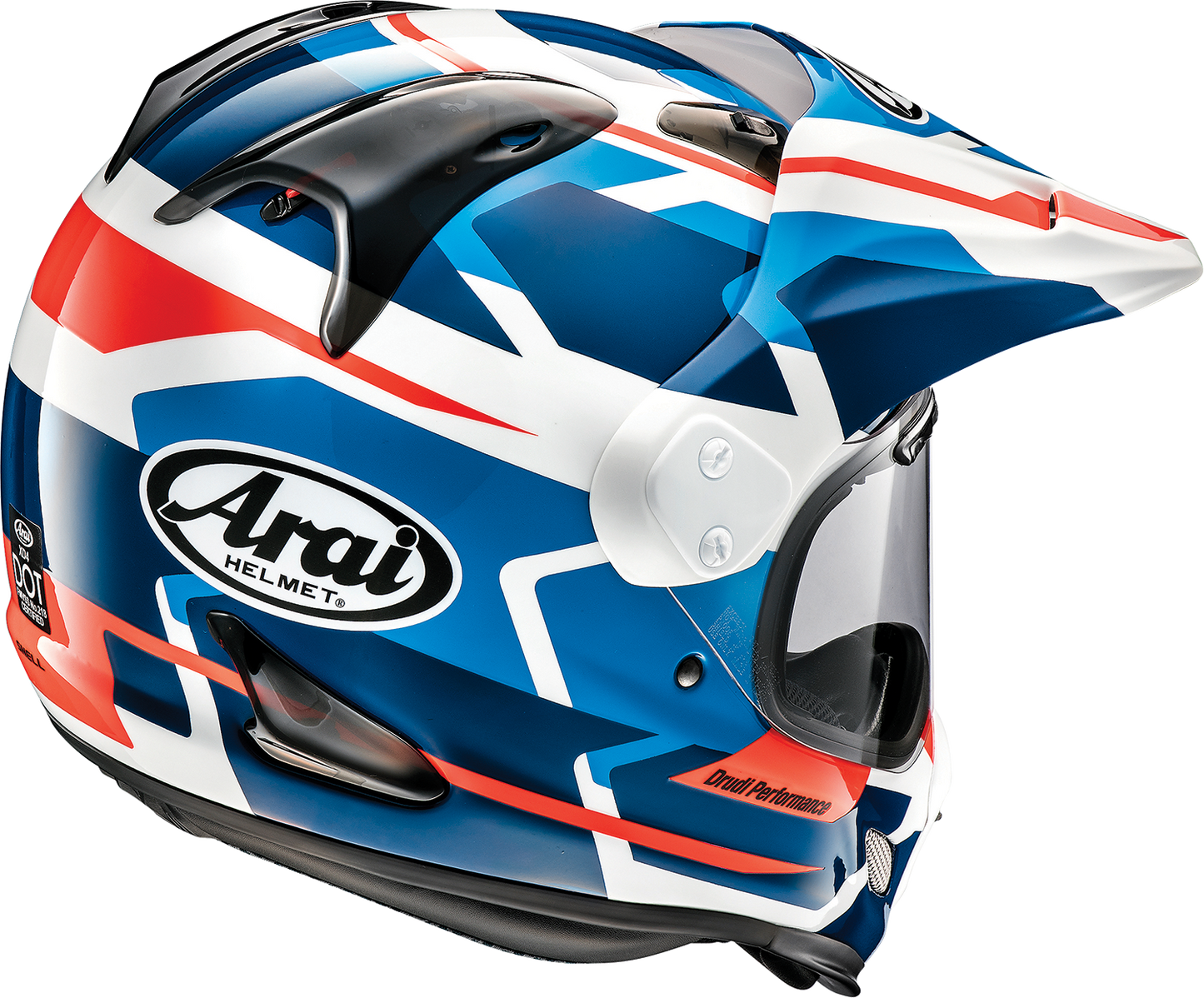 Arai XD-4 Depart white and blue motorcycle helmet with advanced ventilation and comfortable fit, designed for motorcyclists.