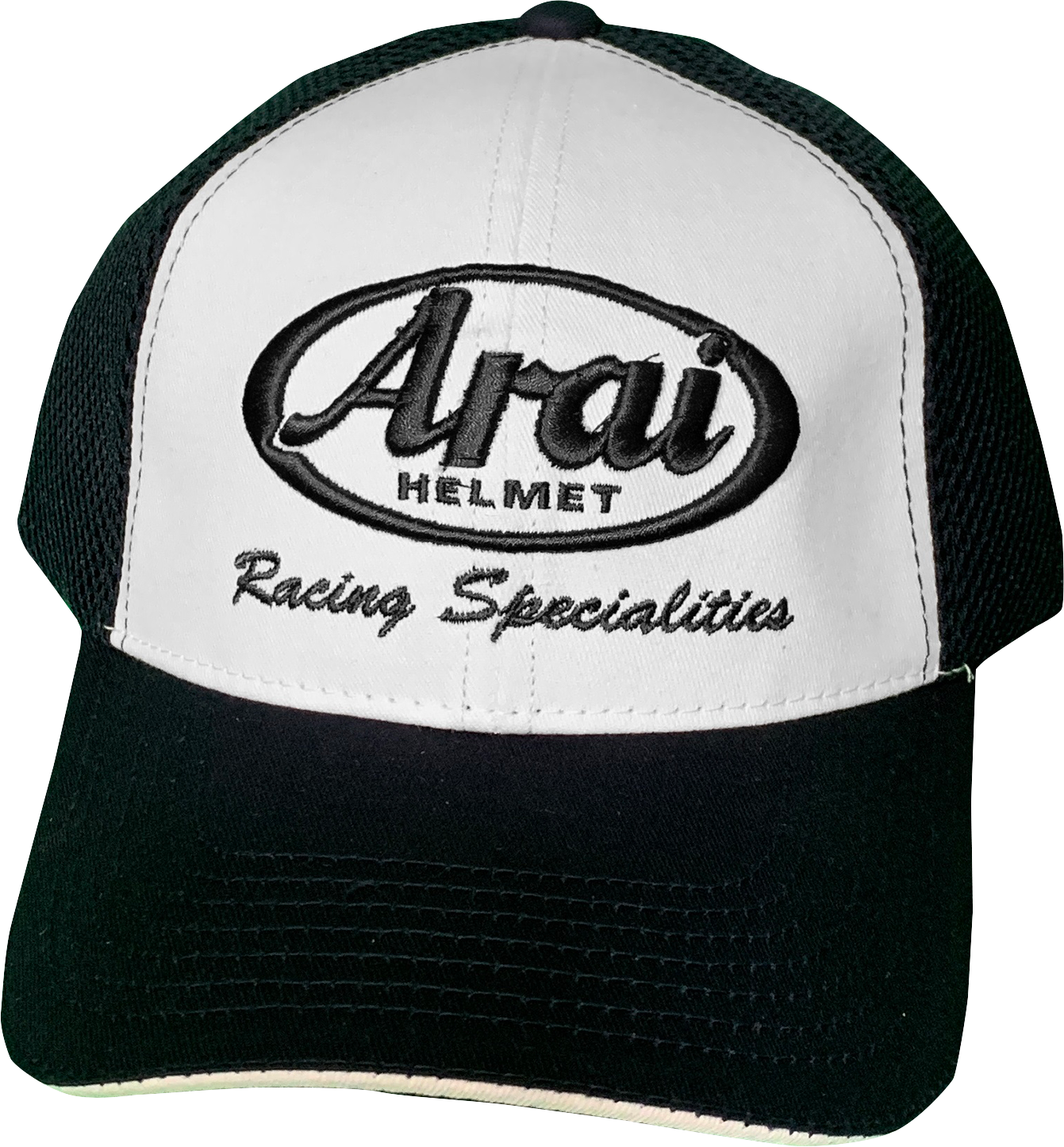 Arai Helmets mesh hat in white and navy with embroidered logo, featuring breathable fabric and casual fit.