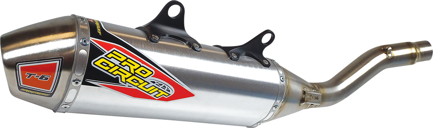 Pro Circuit T-6 slip-on muffler in stainless steel, designed for enhanced motorcycle performance, shown on a bike.