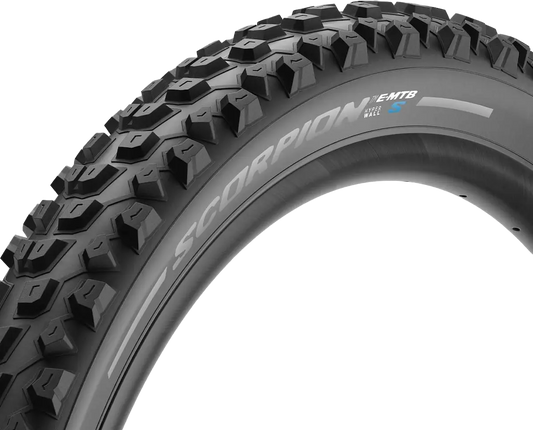 Pirelli Scorpionâ„¢ E-MTB S tire in 27.5 x 2.6 size, featuring rugged tread for electric mountain biking.