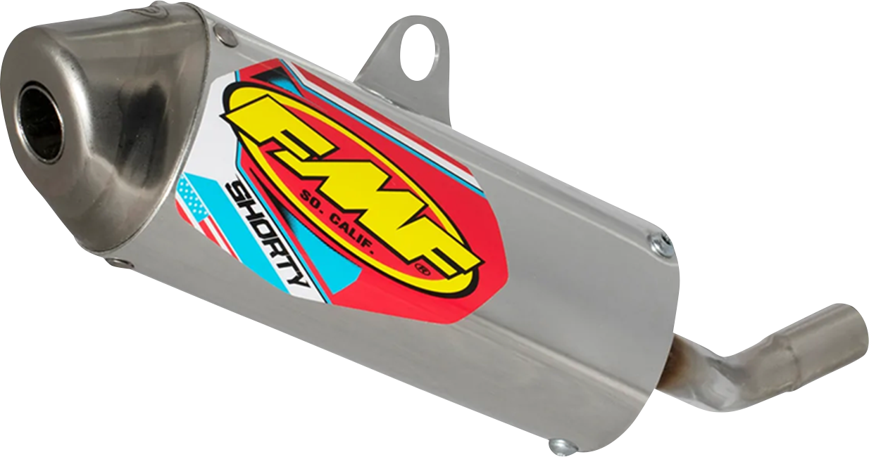 FMF Powercore 2 Shorty motorcycle muffler, high-performance exhaust for tight tracks and supercross racing, black finish