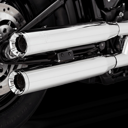 Chrome Vance & Hines Eliminator 300 Slip-On Mufflers for motorcycles, featuring a sleek, polished finish and brand logo.
