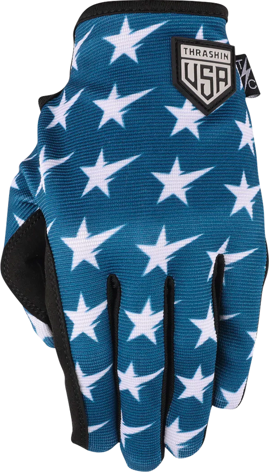Red and blue synthetic performance gloves by THRASHIN SUPPLY CO. featuring stars and bolts design, large size, stealth style.