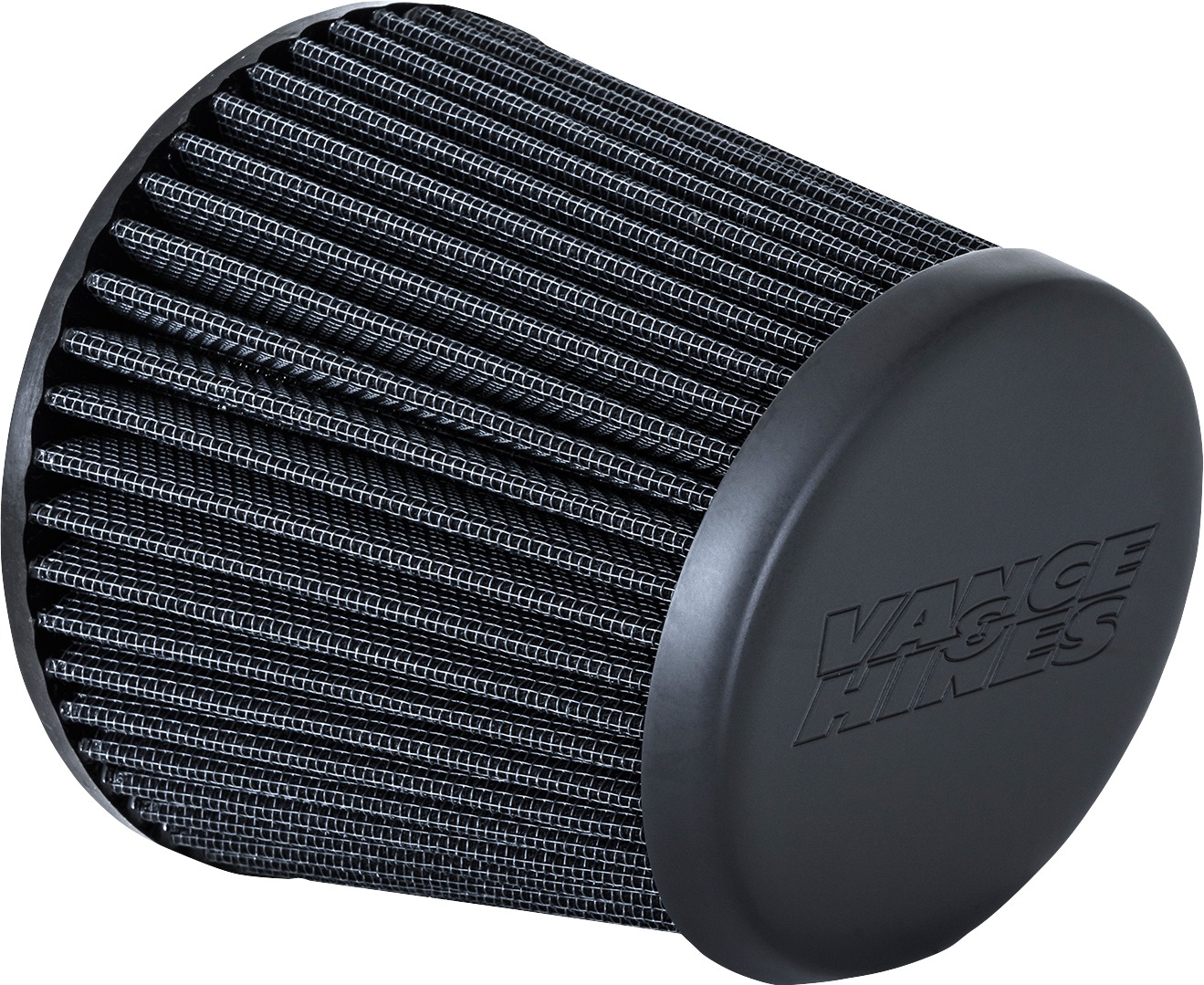 Vance & Hines VO2 Falcon air filter in black for motorcycle engines, part number 23729, with a sleek, aerodynamic design.