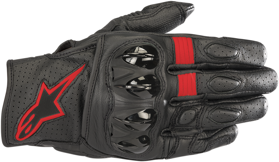 Alpinestars Celer V2 motorcycle gloves in black and fluo red, large size, featuring protective knuckles and breathable design.