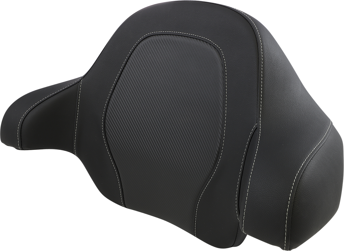 SADDLEMEN Tour-Pak Backrest Pad for RoadSofa in black carbon fiber, designed for FL 2014-2023, shown on a motorcycle seat.