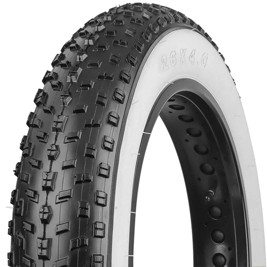 Hycline Raider White-Wall fat bike and e-bike tire with rugged tread for off-road cycling, mounted on a wheel.