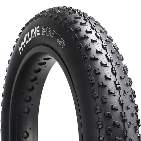 Hycline Raider e-bike and fat bike tire with rugged tread, designed for off-road cycling on rough terrain.