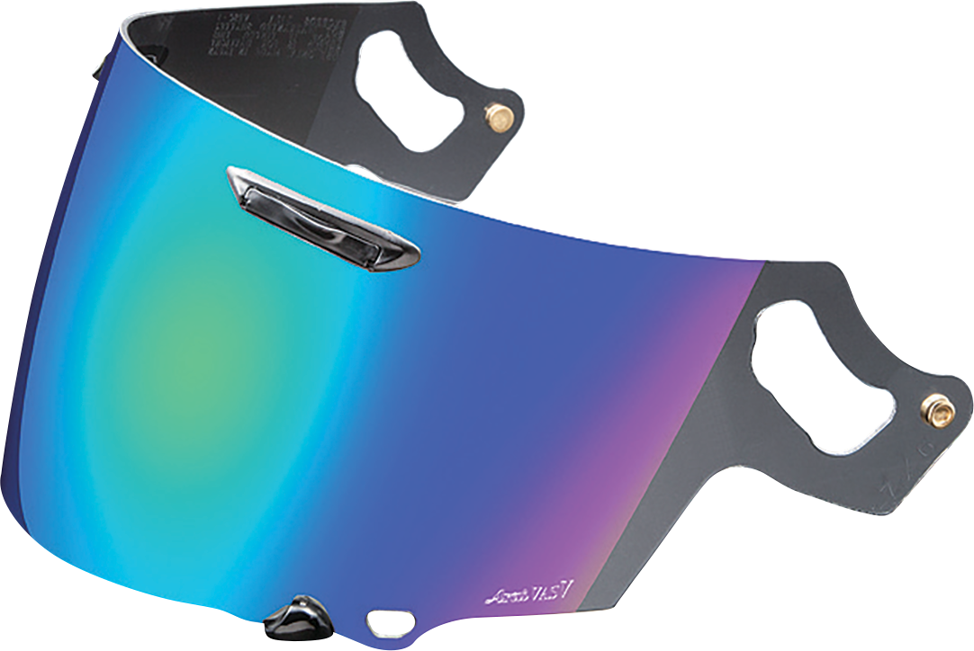 Arai Helmets VAS-V green mirror shield with Pinlock® prepared, designed for Arai motorcycle helmets, shown on a helmet in close-up.