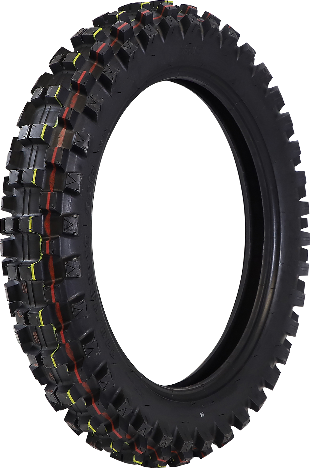 IRC VX-40 rear motorcycle tire 120/90-18 for hard pack terrain, showcasing the tread pattern and sidewall detail.