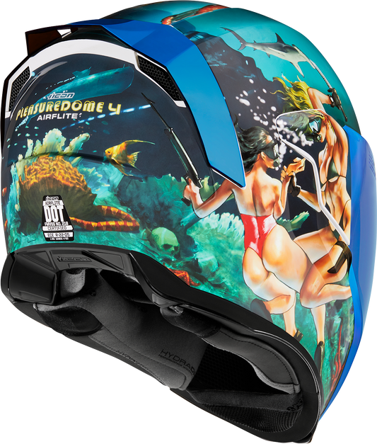Blue ICON Airflite™ Pleasuredome 4 helmet in XS size, showing the sleek design and aerodynamic shape of this motorcycle helmet.
