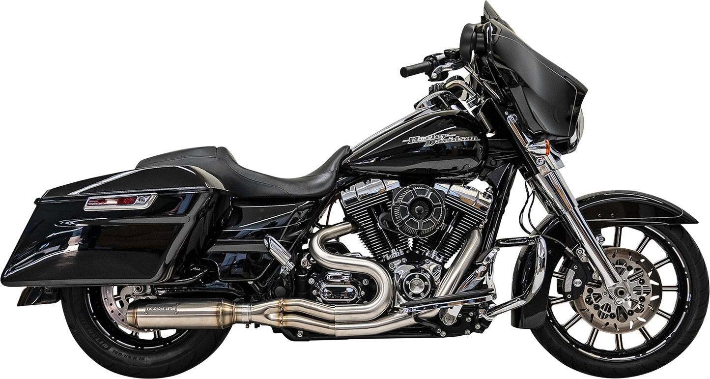 BASSANI XHAUST Superbike 2:1 exhaust system for enhanced motorcycle performance, showing the stainless steel design and pipe details.