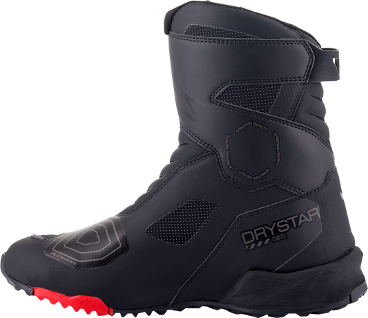 Alpinestars RT-7 Drystar motorcycle boots in black and red with US size 10.5, featuring sturdy design and protective gear.
