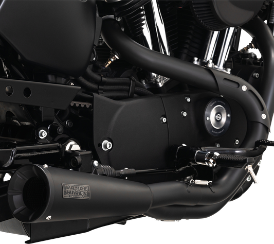VANCE & HINES Upsweep 2-into-1 motorcycle exhaust system with black finish, showcasing sleek design and polished chrome details.