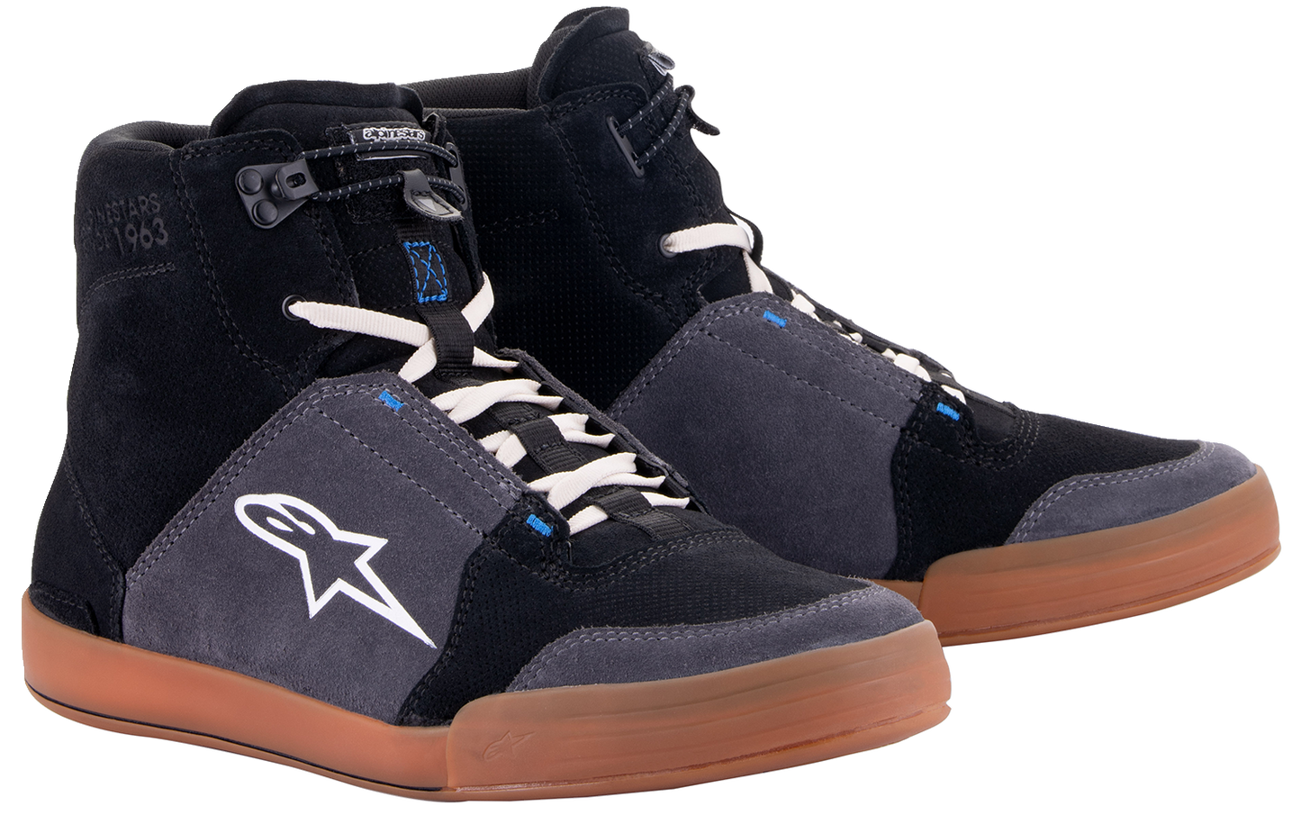 Alpinestars Chrome Shoes in black, asphalt, and gum blue, US 12.5 / EU 46, showcasing the stylish sporty sneaker design.