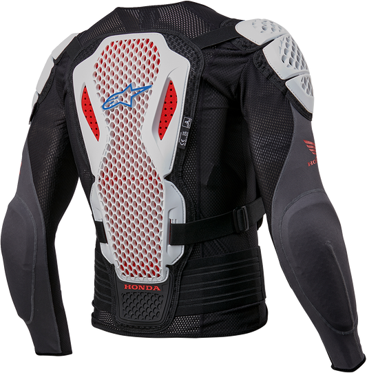 Alpinestars Honda Bionic Plus v2 motorcycle protection jacket in black, white, blue, and red, showing the armored design and logo.
