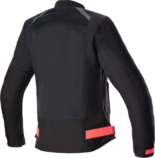 Alpinestars Stella Eloise women’s motorcycle jacket in black and pink, size large, with protective armor and stylish design.