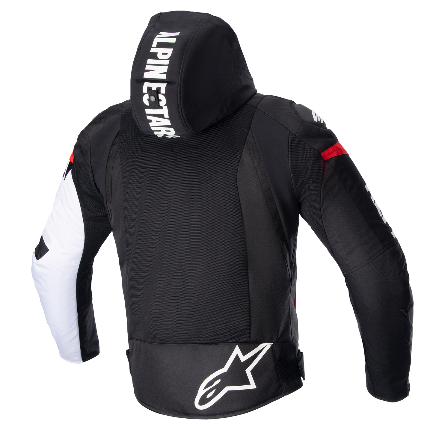 Alpinestars Zaca Air motorcycle jacket in black, white, and red fluo with Nucleon Flex Plus armor and Tech-Air® Ready features.