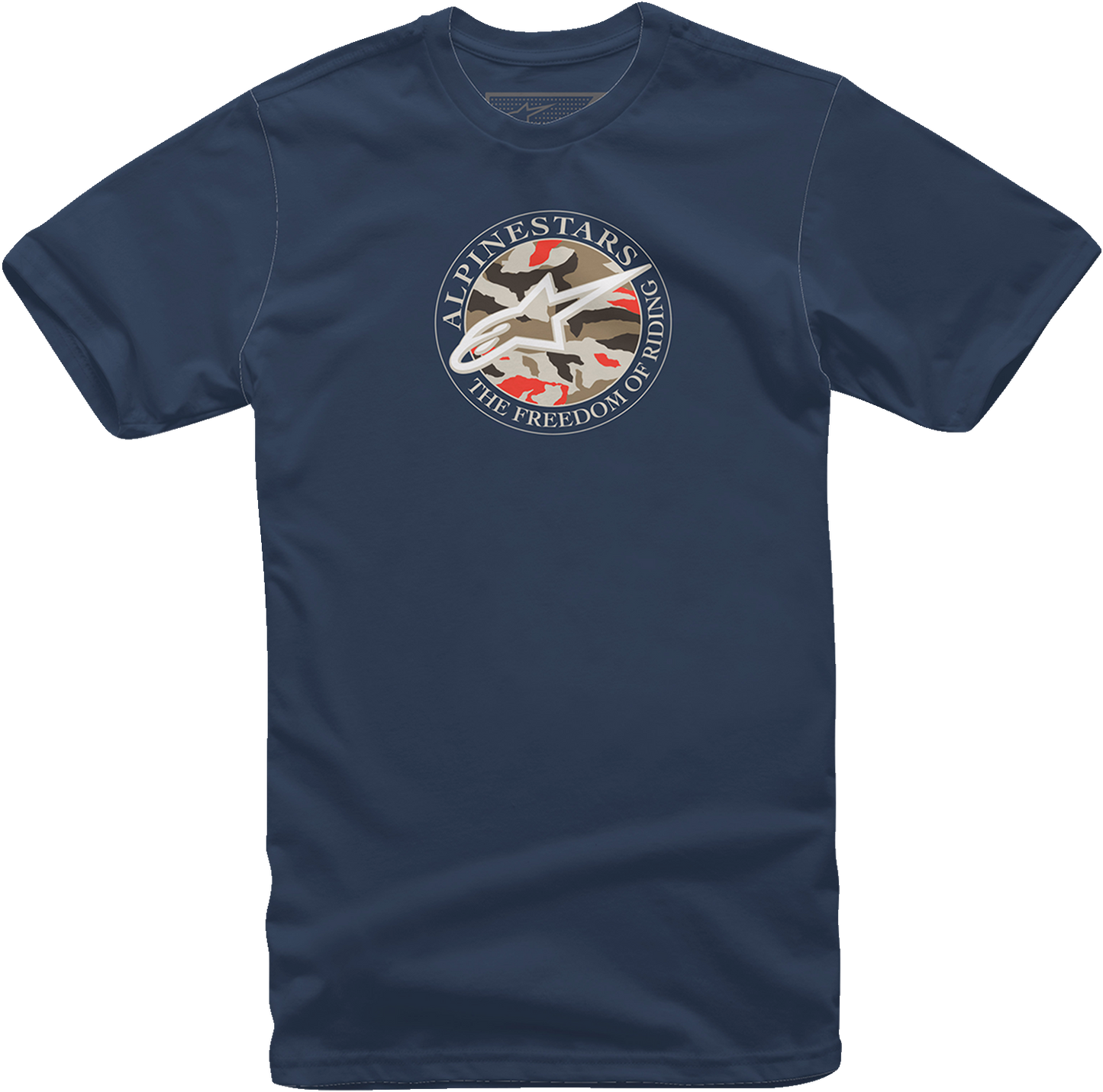 Alpinestars Dot Camo T-Shirt in navy, medium size, featuring a camouflage pattern and Alpinestars branding.