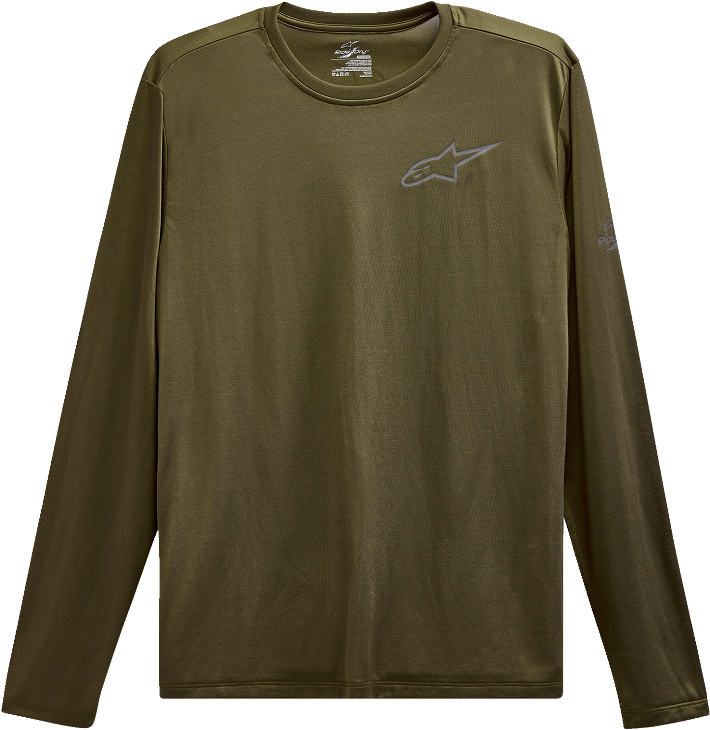 Alpinestars Pursue Performance long-sleeve T-shirt in military green, large size, featuring athletic design and logo details.