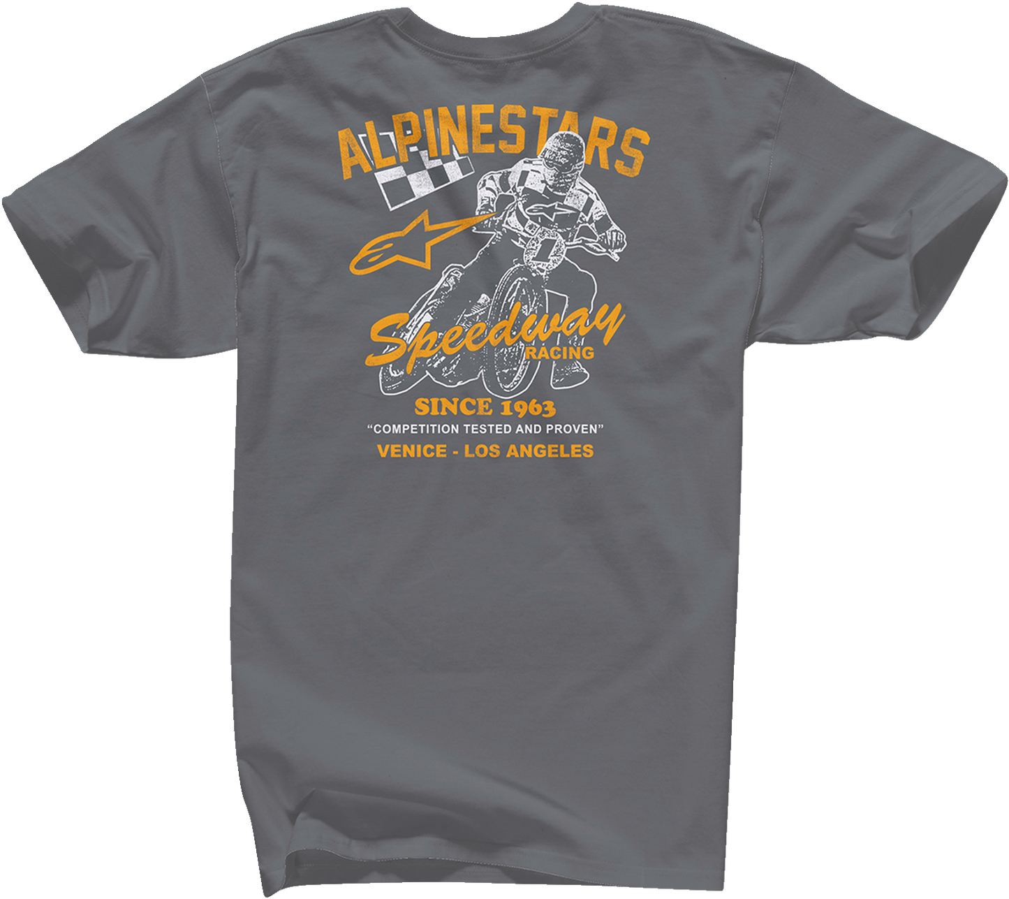Alpinestars Speedway T-Shirt in charcoal color, large size, featuring the Alpinestars logo and Speedway design on the front.