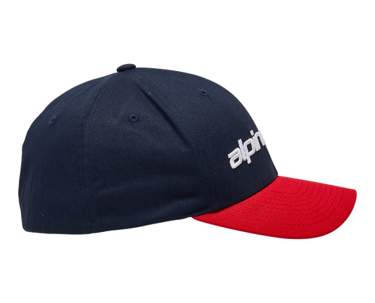 Alpinestars Linear Hat in navy and red, small/medium size, featuring the ALPINESTARS logo and sporty design.