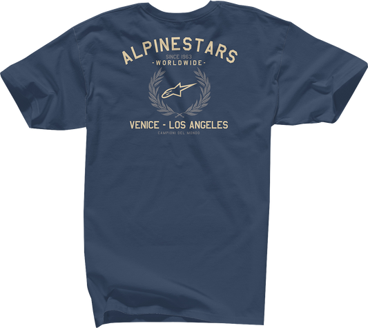 Alpinestars Wreath T-Shirt in navy, medium size, featuring a stylish Alpinestars logo and wreath design on the front.