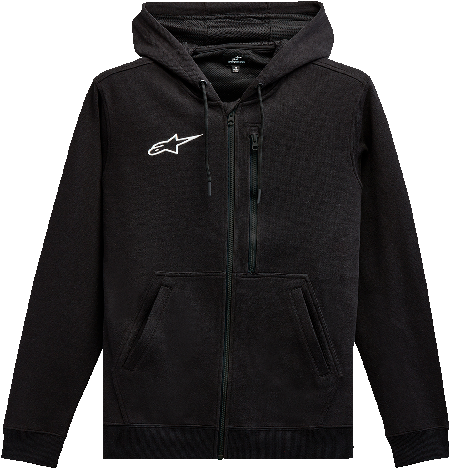 Black Alpinestars hooded zip-up hoodie for men with asymmetrical zipper detail, size medium, casual and stylish apparel.