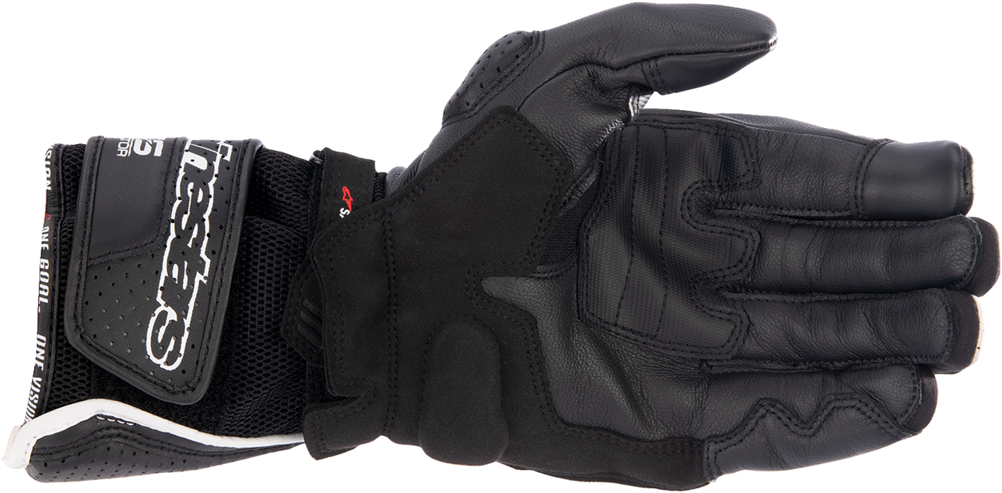 Alpinestars SP-8 V3 Air motorcycle gloves in black, white, and bright red, size XL, with protective knuckles and breathable design.