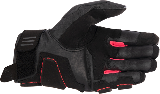 Alpinestars Stella Phenom leather motorcycle gloves in black and diva pink, large size, with protective knuckles and adjustable wrist strap.