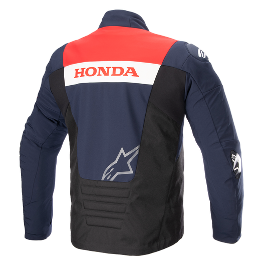 Alpinestars Honda SMX waterproof motorcycle jacket in blue, black, and red, size large, with reflective details and waterproof fabric.