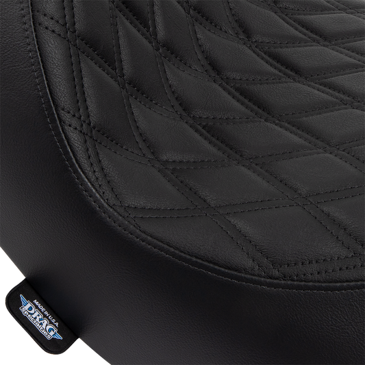 Black double diamond solo seat for FL/FX motorcycles by Drag Specialties with black stitching, model 0802-1513.