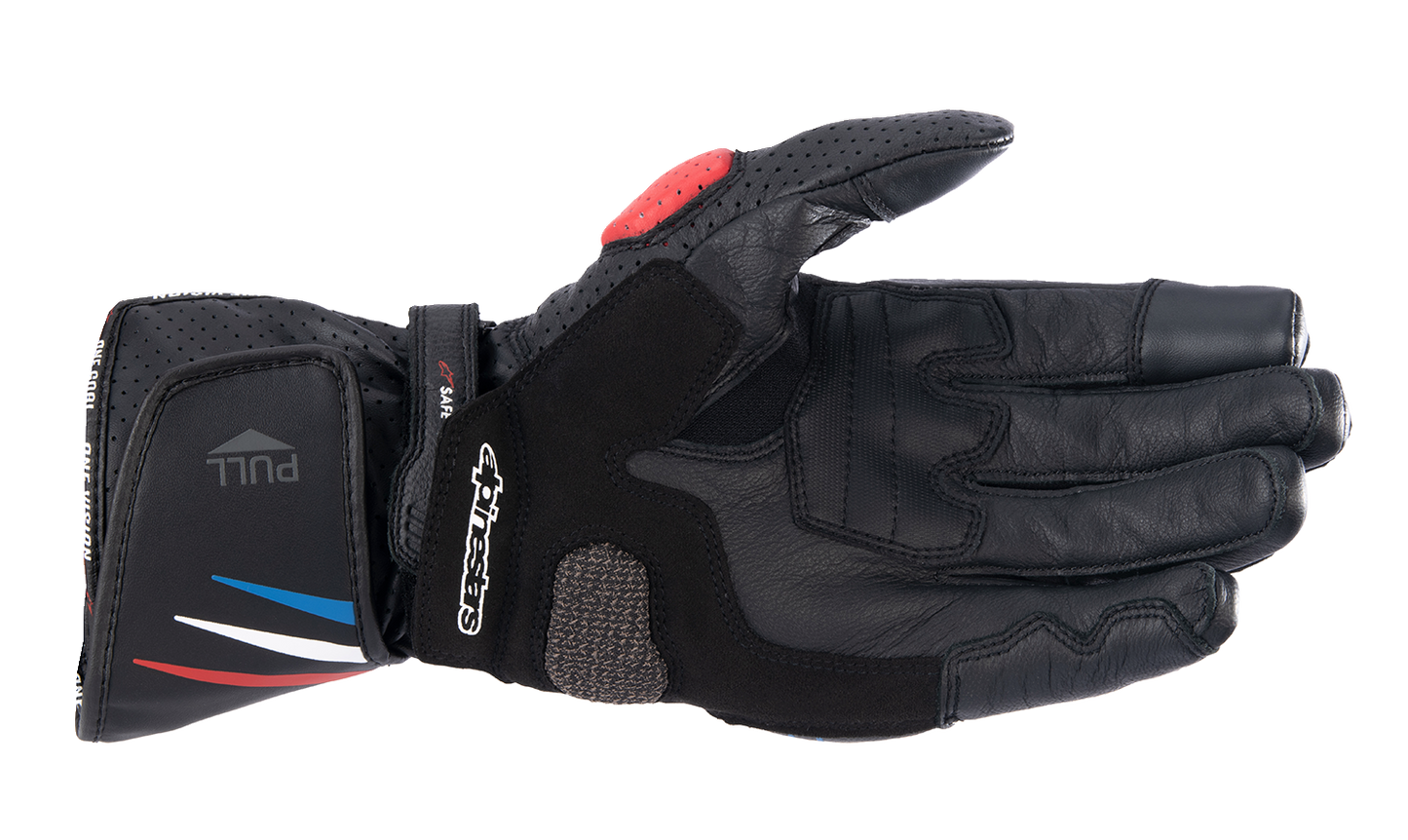 Alpinestars Honda SP-8 V3 motorcycle gloves, large size, black with red and blue accents, featuring protective knuckles and durable construction.