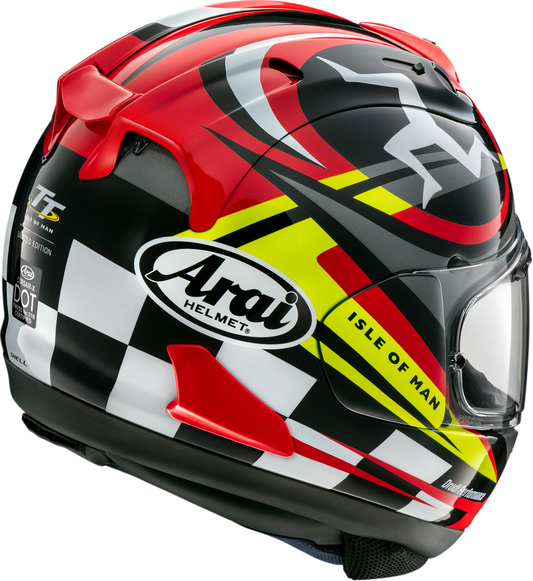 Arai Corsair-X Isle of Man TT 2023 motorcycle helmet in XS with advanced ventilation and safety features, shown from side view.