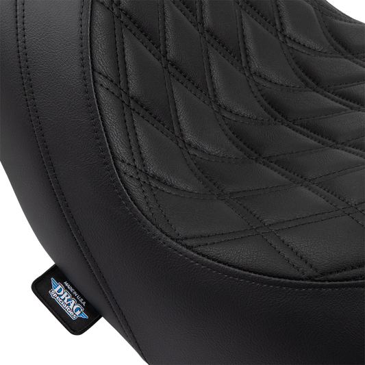 Drag Specialties Predator Seat with black stitching on Harley Fat Bob and Softail, 2018-2023, featuring double diamond pattern.