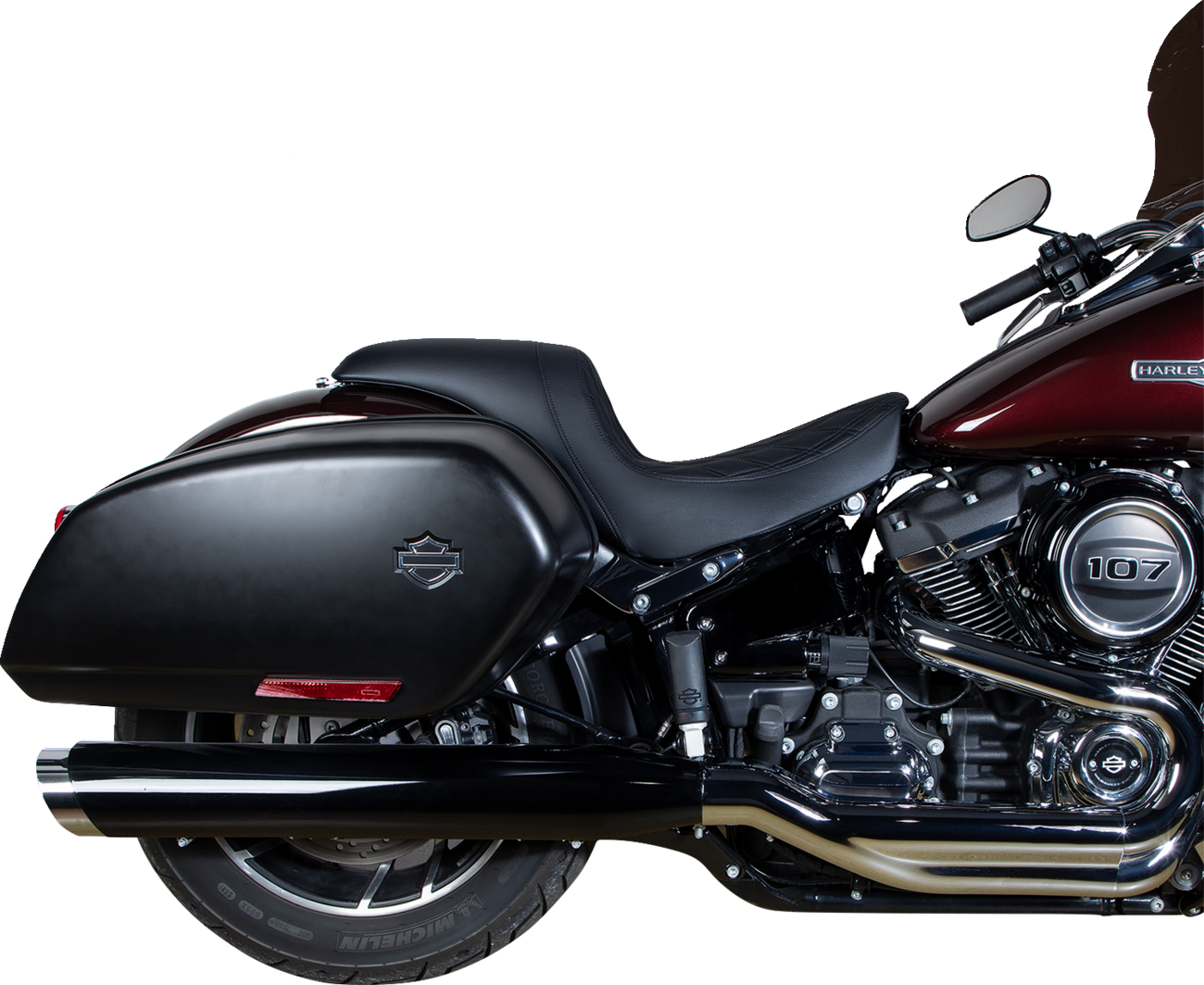 Drag Specialties Predator Seat with double diamond stitching on black leather for Harley Fat Bob and Softail models 2018-2023.