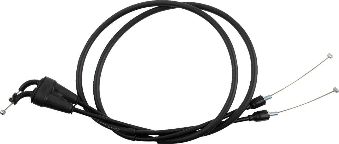 Black vinyl throttle cable by MOOSE OFFROAD for Gas Gas, Husqvarna, KTM motorcycles, displayed coiled with connectors visible.