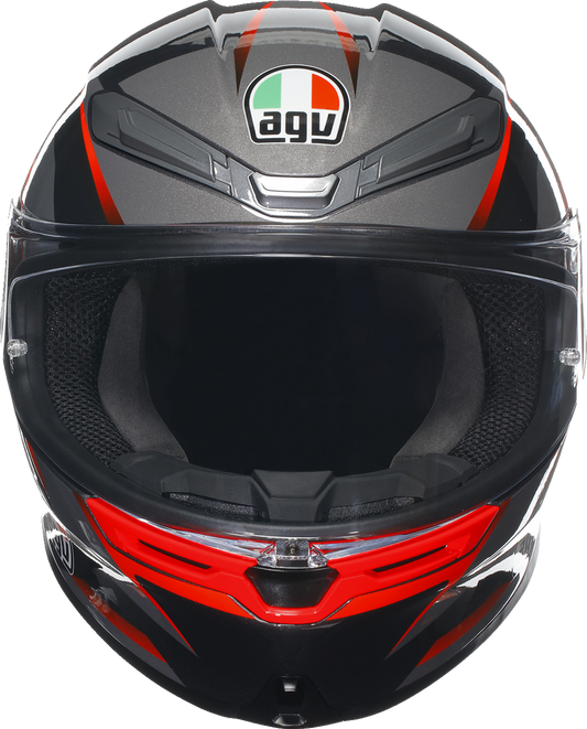 AGV K6 S helmet in black, gray, and red with slashcut design, small size, showing the aerodynamic shape and ventilation features