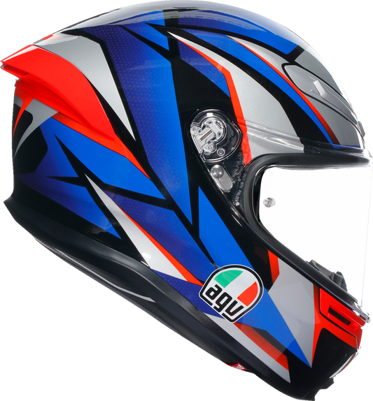 AGV K6 S helmet in black, blue, and red with advanced ventilation and safety features, shown from a side view.