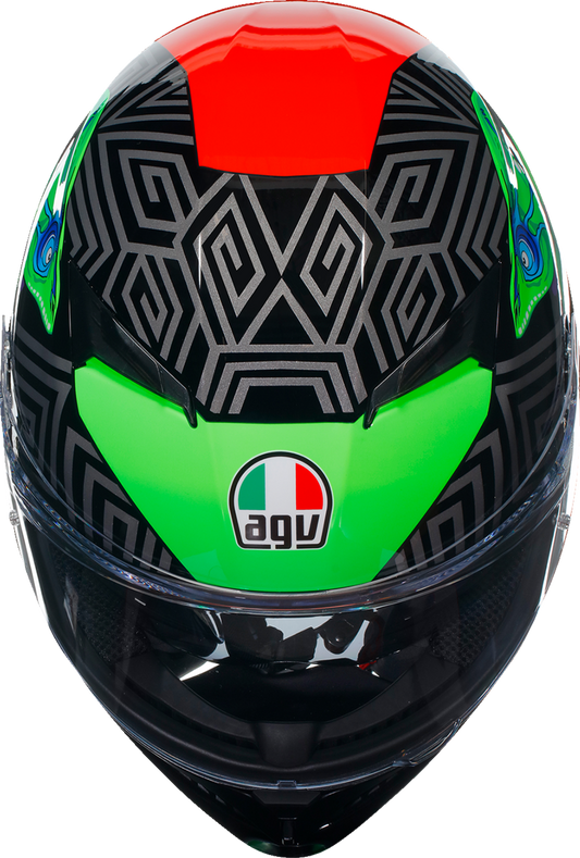 AGV K3 helmet in small size featuring black, red, and green colors with Max Vision Pinlock® visor, shown from front angle.