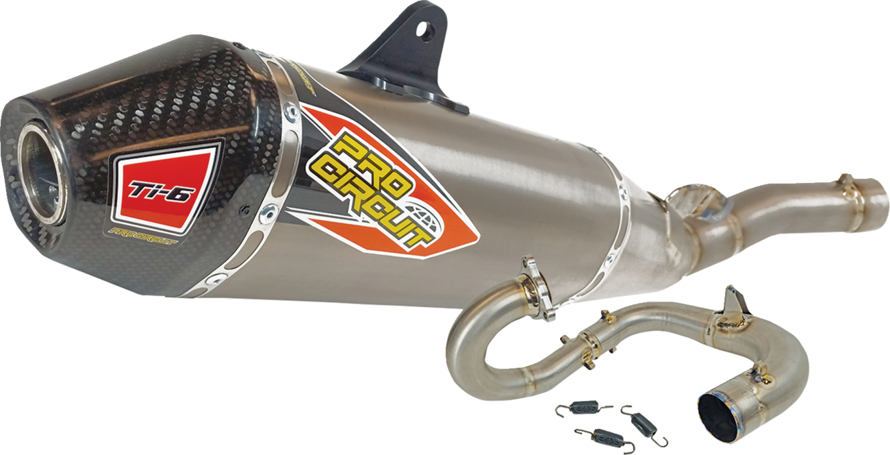 Pro Circuit TI-6 exhaust system for off-road and racing bikes, showing the sleek titanium design and mounting details.
