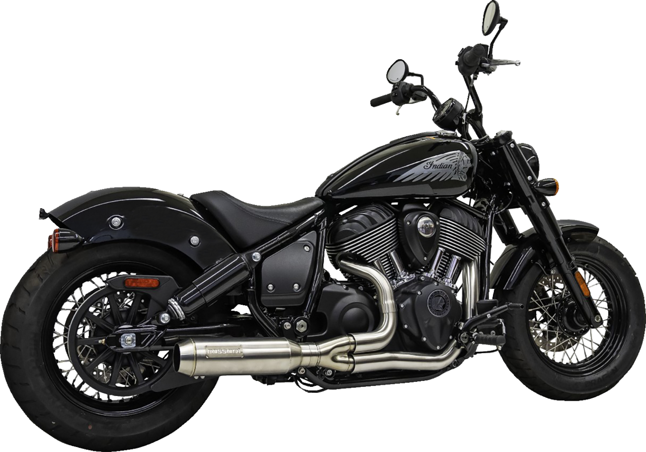 Stainless steel Bassani Xhaust 2-into-1 exhaust system for Harley Davidson motorcycles, featuring polished finish and dual outlet design.