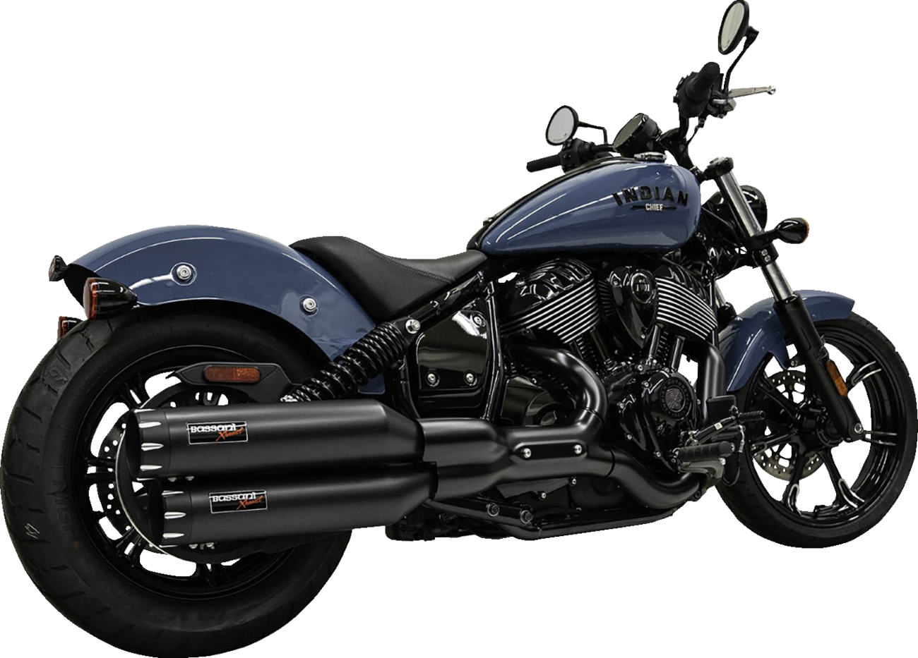 Bassani Xhaust 4-inch chrome slip-on mufflers with end caps for motorcycle exhaust system, featuring polished chrome finish.