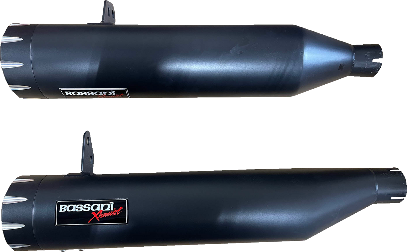Black Bassani Xhaust 4-inch slip-on mufflers with aggressive design, enhancing sound and performance for vehicles.