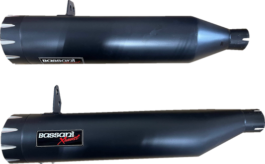 Black Bassani Xhaust 4-inch slip-on mufflers with aggressive design, enhancing sound and performance for vehicles.