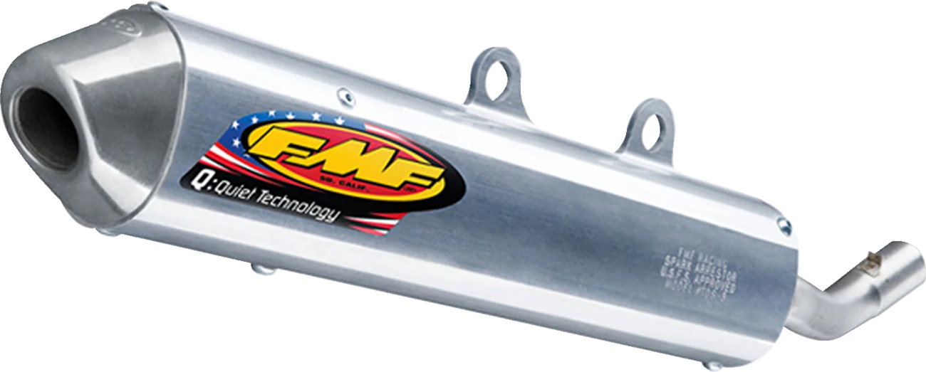 FMF Q Series Silencer for motorcycle exhaust, showcasing the sleek black design and mounting hardware.