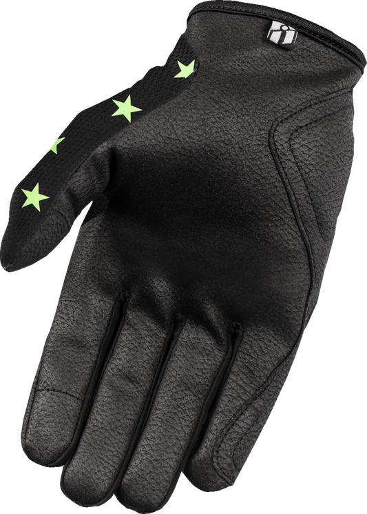 ICON Hooligan Old Glory Gloves in glow color, XL size, featuring rugged design and bold graphics for motorcycle riding.