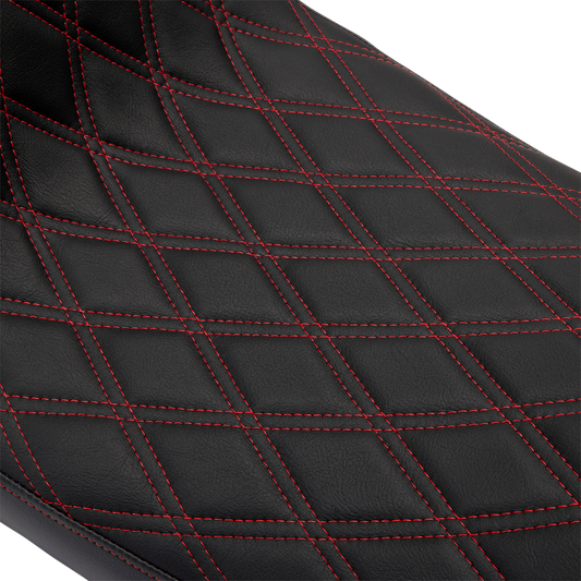Drag Specialties Predator 2-up seat with red stitch vinyl cover for Harley FL 2008-2023, featuring double diamond stitching.