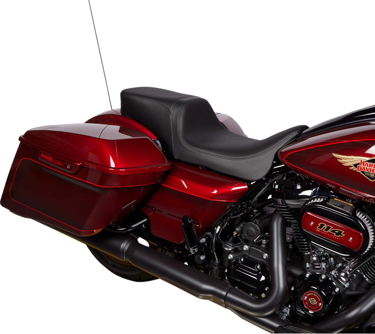 Drag Specialties Predator 2-up seat for Harley FL 2008-2023, featuring solar leather and black finish, motorcycle seat accessory.